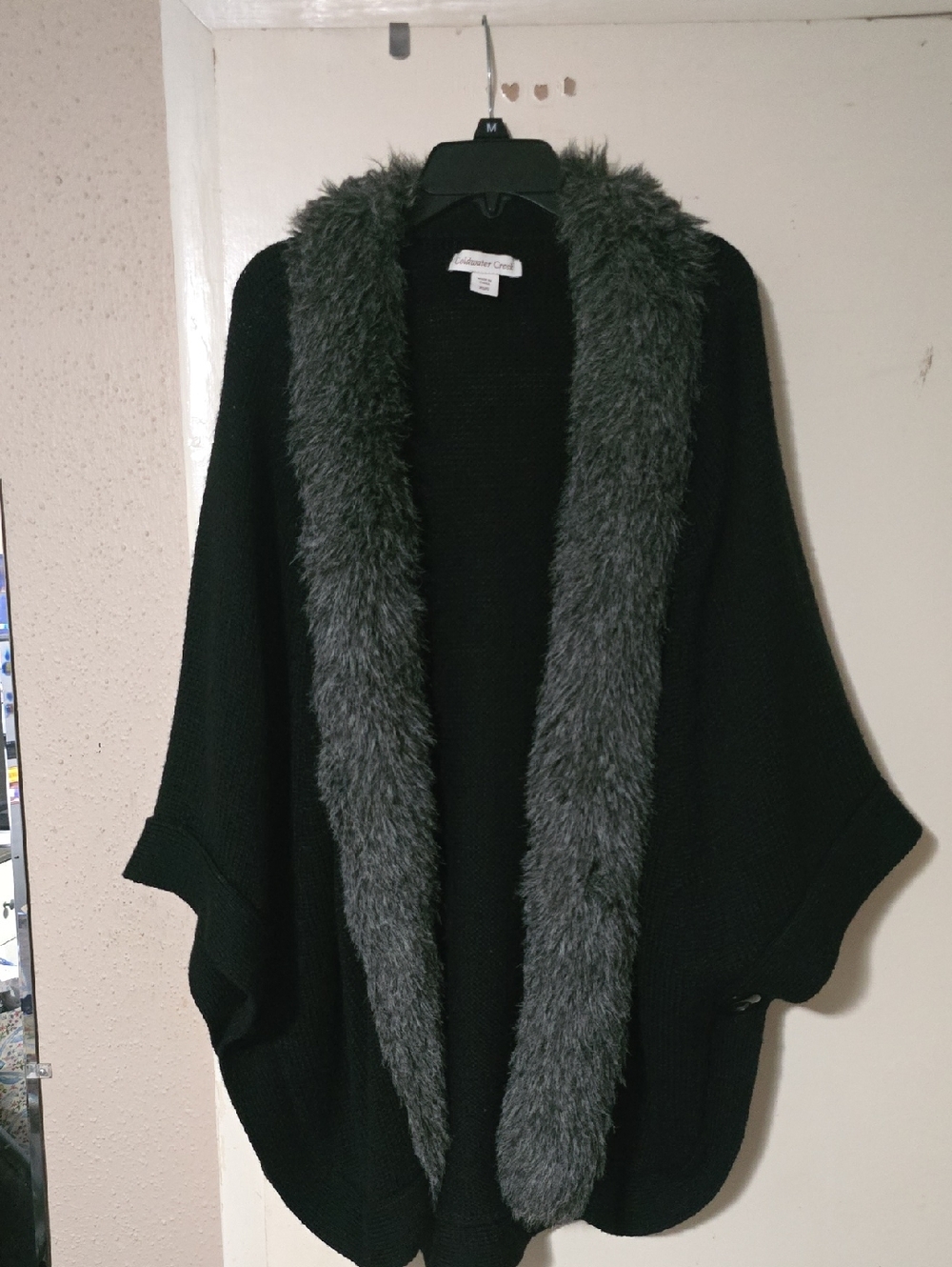 Coldwater Creek Black Knit Shrug with Gray Faux-Fur Trim